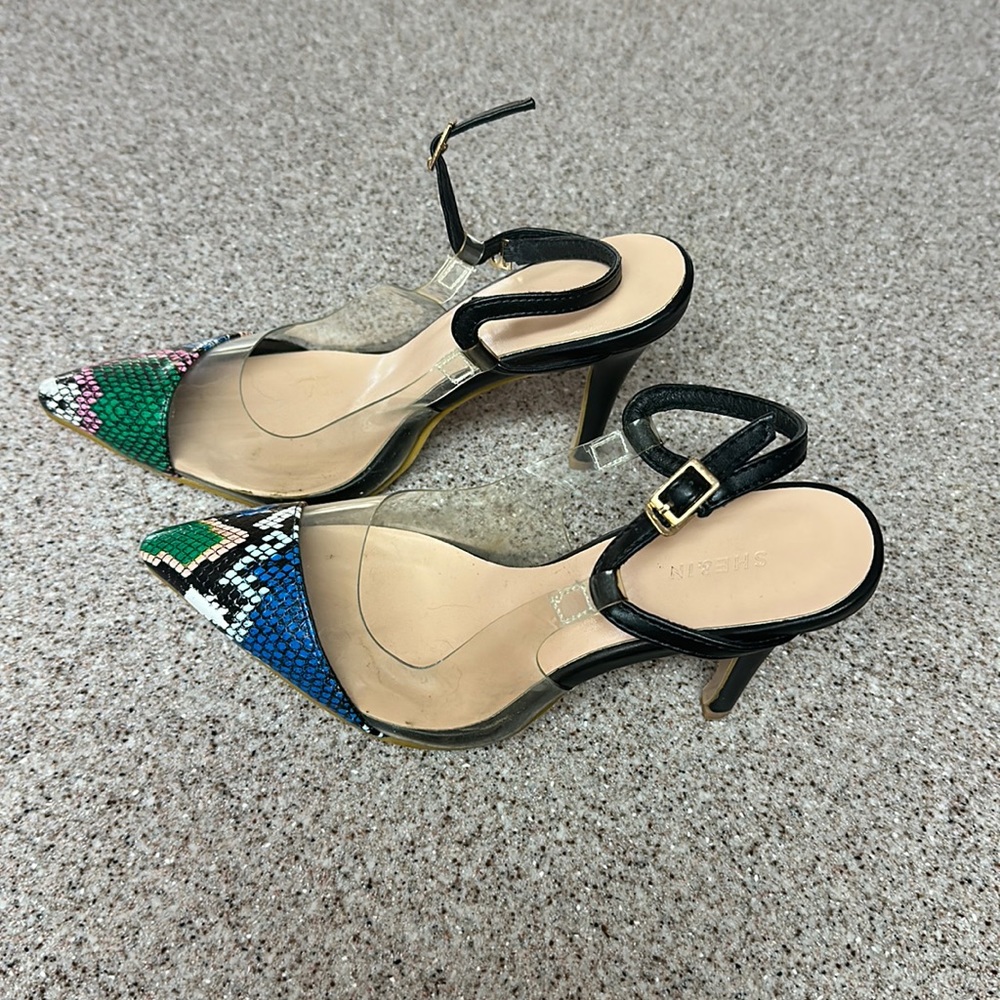 Multicolor snake skin, and clear heels